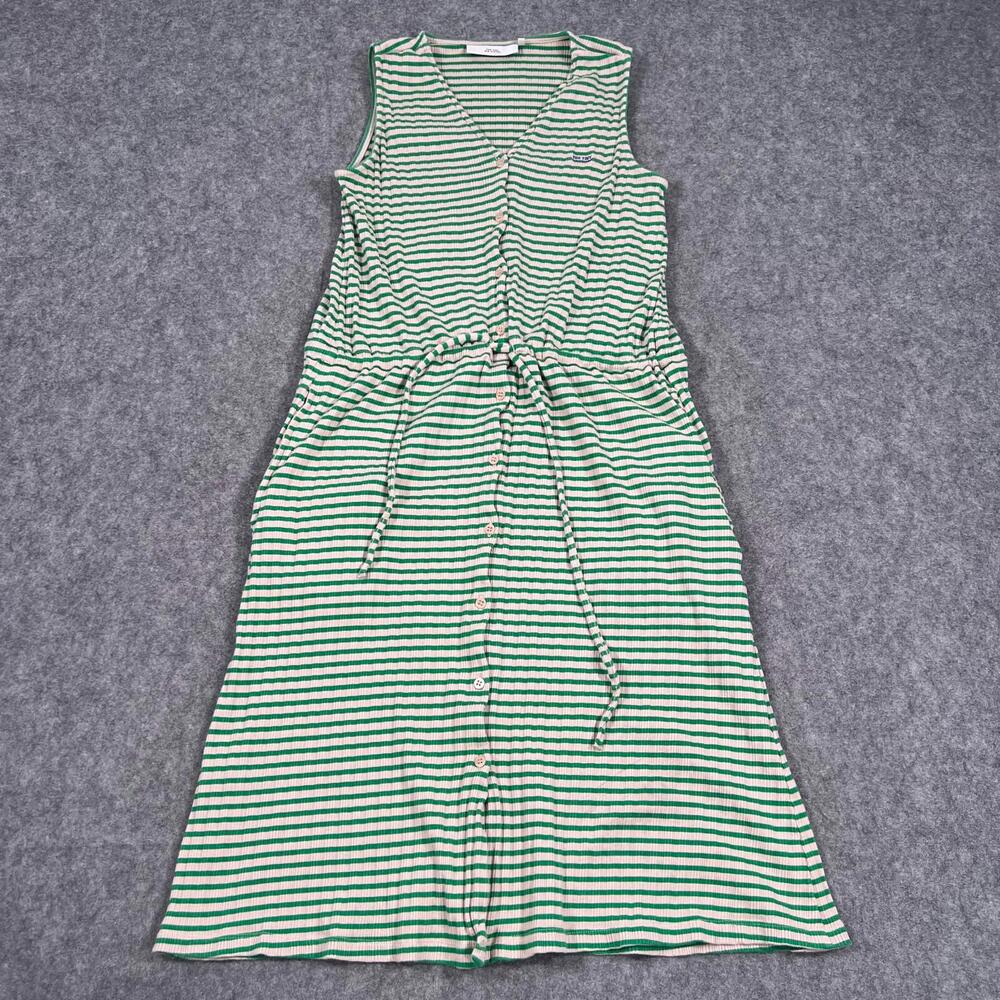 THE TINY BIG SISTER Green Beige Striped Ribbed Knit Shirt Dress Women's 34 US 2